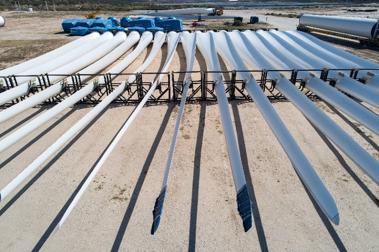 Wind turbine blades at the Port of Ngqura before being transported to wind farms around the country where they are assembled on site