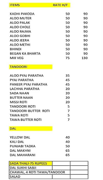 Simmi Dhaba menu 