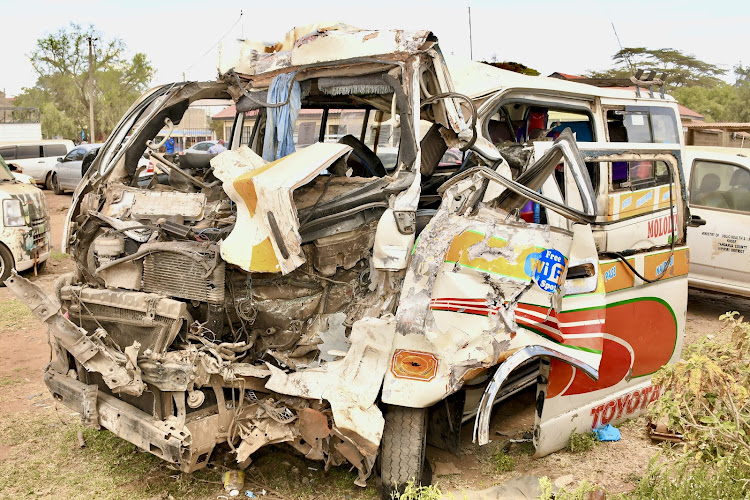 One of the two matatus involved in a road accident along the Nairobi-Nakuru highway, leaving seven people dead.