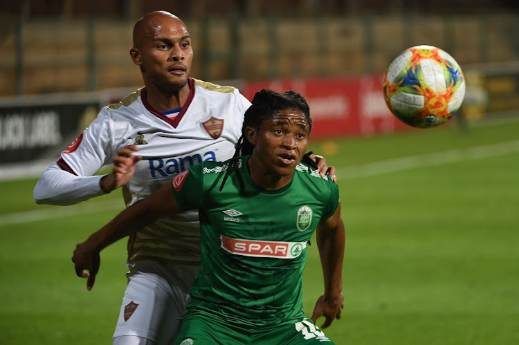 Robyn Johannes of Stellenbosch and Siyethemba Sithebe of AmaZulu during the Absa Premiership match between Stellenbosch FC and AmaZulu FC.