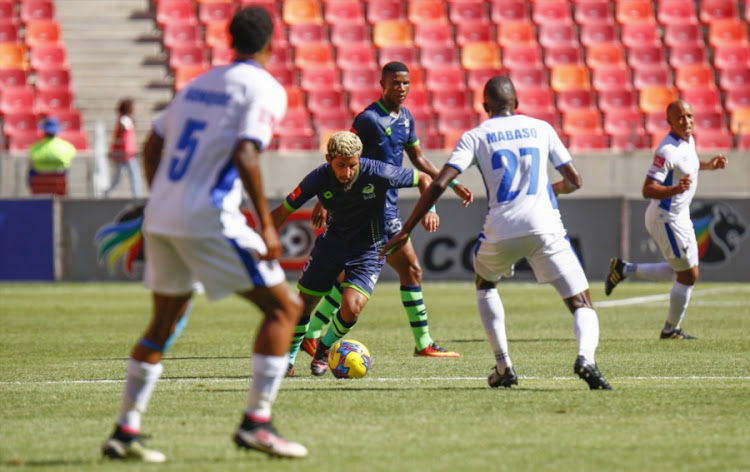 Riyaad Norodien of Platinum Stars during the Absa Premiership match against Chippa United at Nelson Mandela Bay Stadium on February 04, 2018 in Port Elizabeth, South Africa. Norodien, on loan from Orlando Pirates until the end of the season, scored twice on his Stars debut in a thrilling match that ended 3 - 3.