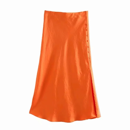 Title 3, Ladies Fashion Buttoned Slit Satin Skirt Achiev...