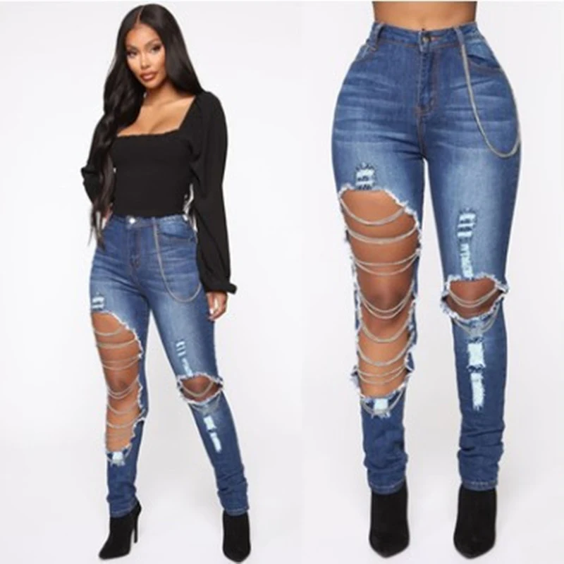 Kadın Moda Gündelik Sade Yırtık Kot Pantolon. Rahat ve şık bir görünüm için ideal, günlük kullanım için mükemmel kot pantolon.