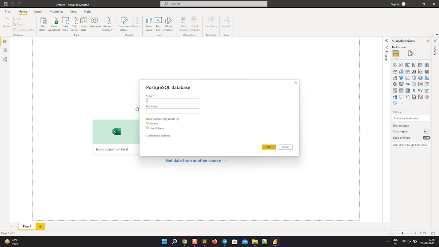 Creating PostgreSQL database connection in Power BI.