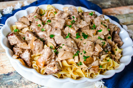 Meg's Homemade Crock Pot Beef Stroganoff over egg noodles.