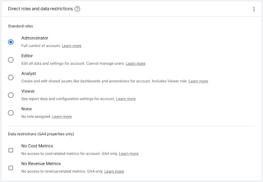 Interface "Restrições de dados e funções diretas"