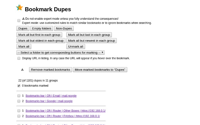 Bookmark Dupes chrome extension