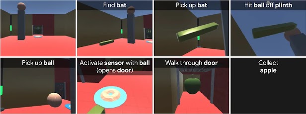 Eight panels showing the illustrated process of finding a bat, picking it up, hitting a ball off a plinth, picking up the ball, activating a sensor, opening a door, walking through it, and collecting an apple.