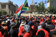 EFF supporters gather at the Pretoria Church Square on March 20 2023.