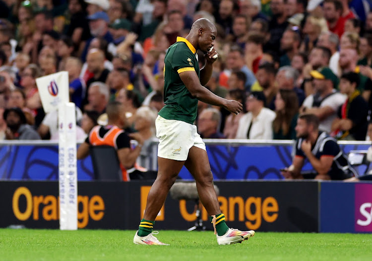 Makazole Mapimpi of South Africa looks dejected as he leaves the field having suffered an injury during the Rugby World Cup France 2023 match between South Africa and Tonga at Stade Velodrome on October 01, 2023 in Marseille, France