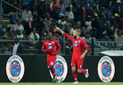 Jeremy Brockie of Supersport United celebrates his second goal during the MTN 8, Semi Final 2nd Leg match between Maritzburg United and SuperSport United at Harry Gwala Stadium on September 09, 2017 in Pietermaritzburg.