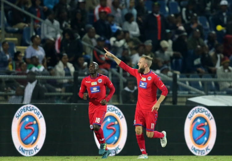 Jeremy Brockie of Supersport United celebrates his second goal during the MTN 8, Semi Final 2nd Leg match between Maritzburg United and SuperSport United at Harry Gwala Stadium on September 09, 2017 in Pietermaritzburg.