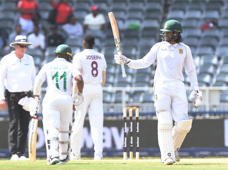 Tony de Zorzi celebrates his 50 runs for South on day one of the second Test against West Indies at the Wanderers on March 8 2023.