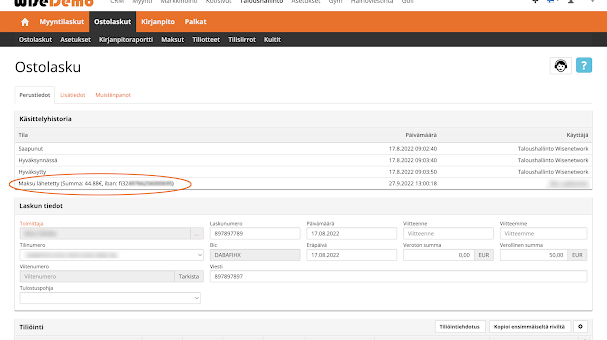 Ostolaskulta on nähtävissä, mille iban-tilinumerolle maksu on lähetetty ja millä summalla.
