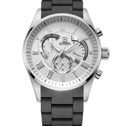 Binger Herenhorloge Quartz Chronograaf Sport met Rubber en RVS, Racing Design, Drie Ogen en Lopend Seconde Voor Mannen