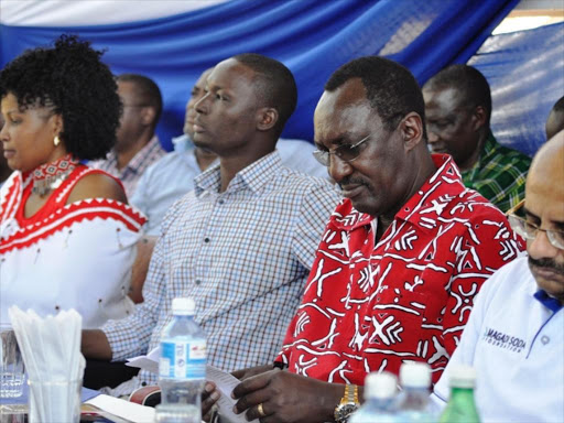 County Health CEC Esther Somoire, deputy governor Martin Moshisho, former KQ MD Titus Naikuni and new Tata CEO Harish Nair during Magadi Education Day on September 14. /KURGAT MARINDANY