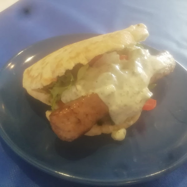 Home Made GF Kofte Kebab in Home made GF pita bread with a lactose free GF tajiki sauce.