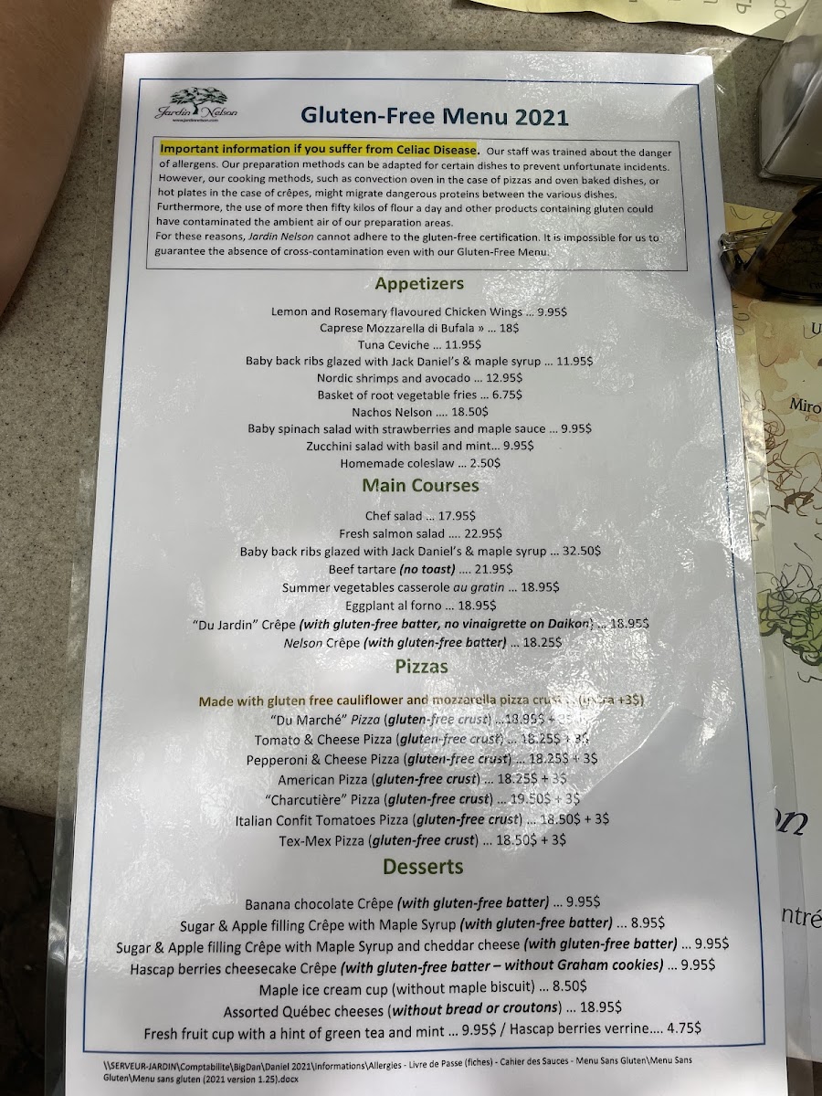 Jardin Nelson gluten-free menu
