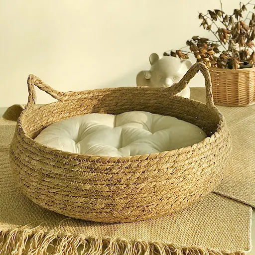 Cat Bed House Dog Kennel Rattan Straw Plaited Kitten Cushion Basket Tent Scratching Board Puppy Cave Nest Mat Indoor Pet