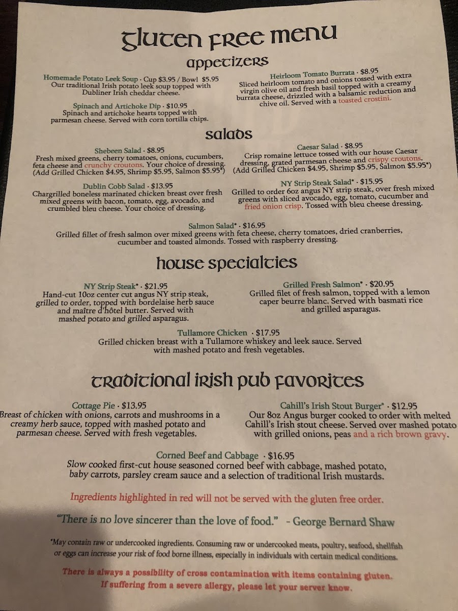 The Auld Shebeen gluten-free menu