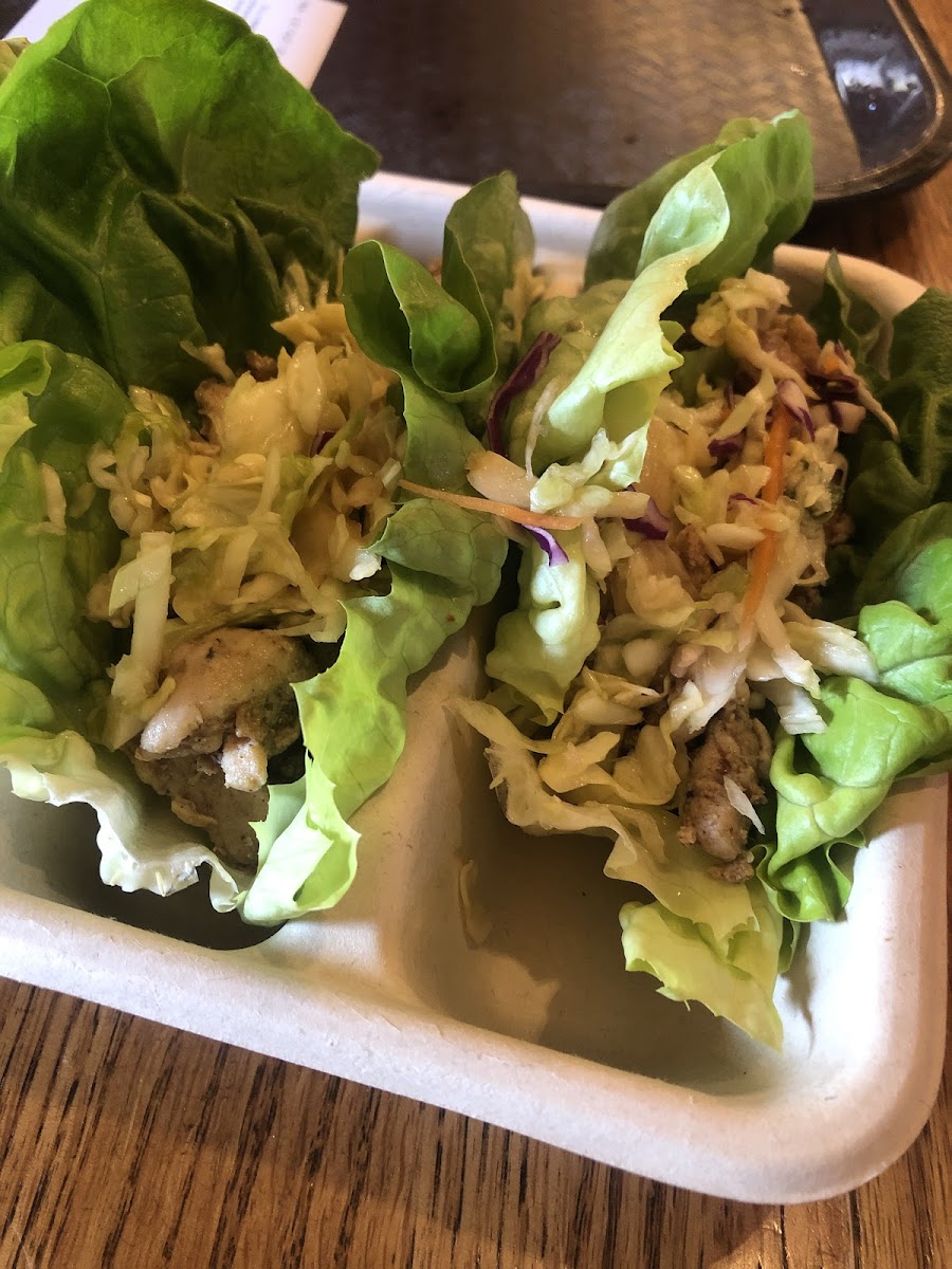 Jerk chicken lettuce wraps. Already comes with toppings so little to no cross contamination!