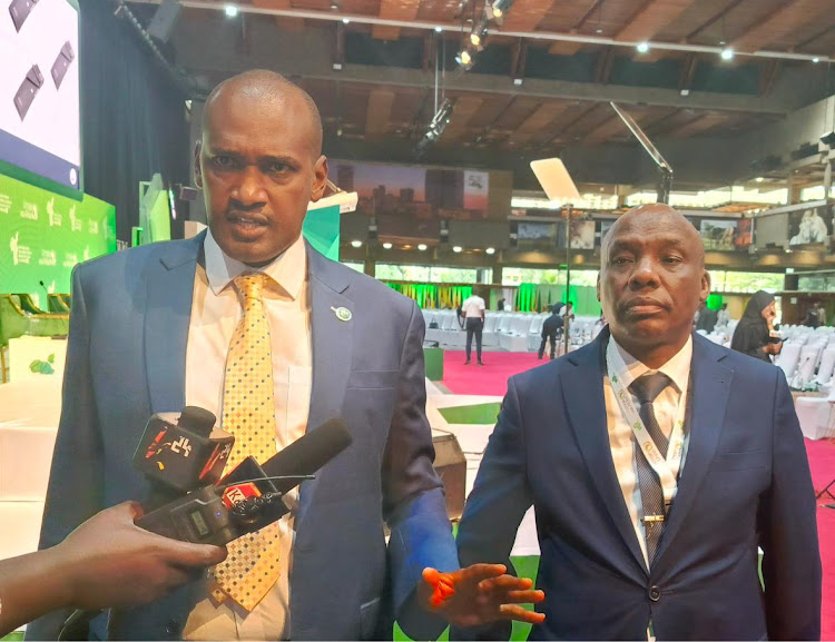 Agriculture Principal Secretary Kipronoh Ronoh and Frank Tumwebaze Ugandan Agriculture Minister and Chair of the AU Specialized Technical Committee on Agriculture, Rural Development . Water and Environment in a media interview during the Africa Fertilizer and Soil Health Summit at the KICC on May 7, 2024.