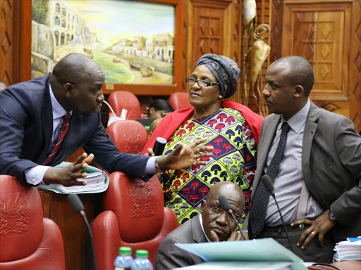 Joint IEBC National Assembly and Senate Select Committee members Kipchumba Murkomen, Naomi Shaban, Mutula Kilonzo Jnr and Boni Khalwale at Parliament Buildings on July 27 / HEZRON NJOROGE