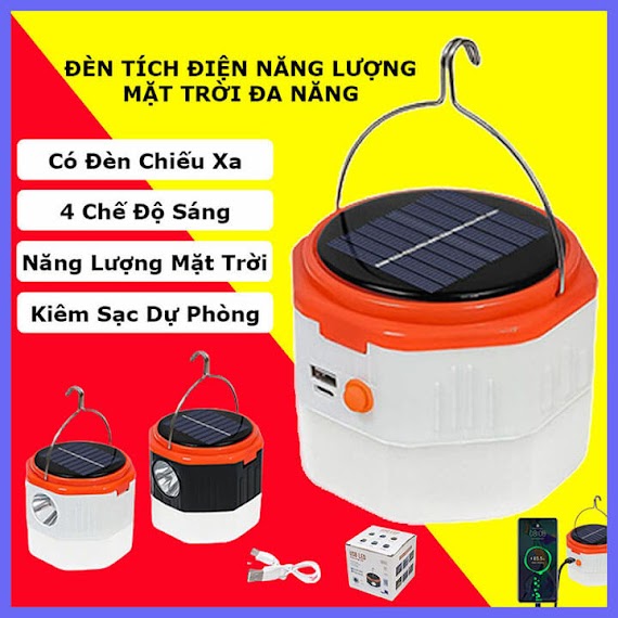 Đèn Năng Lượng Mặt Trời Sạc Tích Điện Kiêm Đèn Pin Chiếu Xa Đa Năng Có Móc Treo, Cổng Sạc Usb Tích Hợp Sạc Dự Phòng Bf220