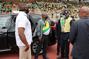 Deputy President David Mabuza greets National Treasurer Paul Mashatile, 08 January 2022, at the Peter Mokaba Stadium in Polokwane, Limpopo, where the political party celebrated their 110th birthday and delivered the annual January 8 statement.