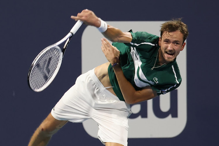 Daniil Medvedev of Russia in action during the Miami Open at Hard Rock Stadium