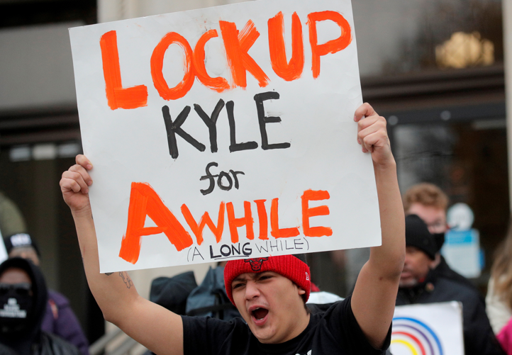 Protesters demonstrate outside the Kenosha County Courthouse, during the trial of Kyle Rittenhouse, in Kenosha, Wisconsin, US, on November 17, 2021.