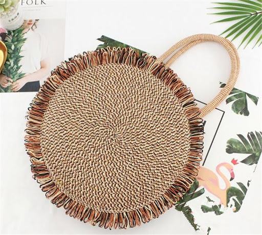 Title 2, Round Portable Two-Color Fringed Straw Bag perf...