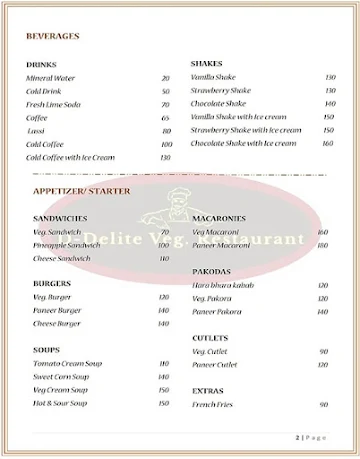 D Delite Vegetarian Restaurant menu 