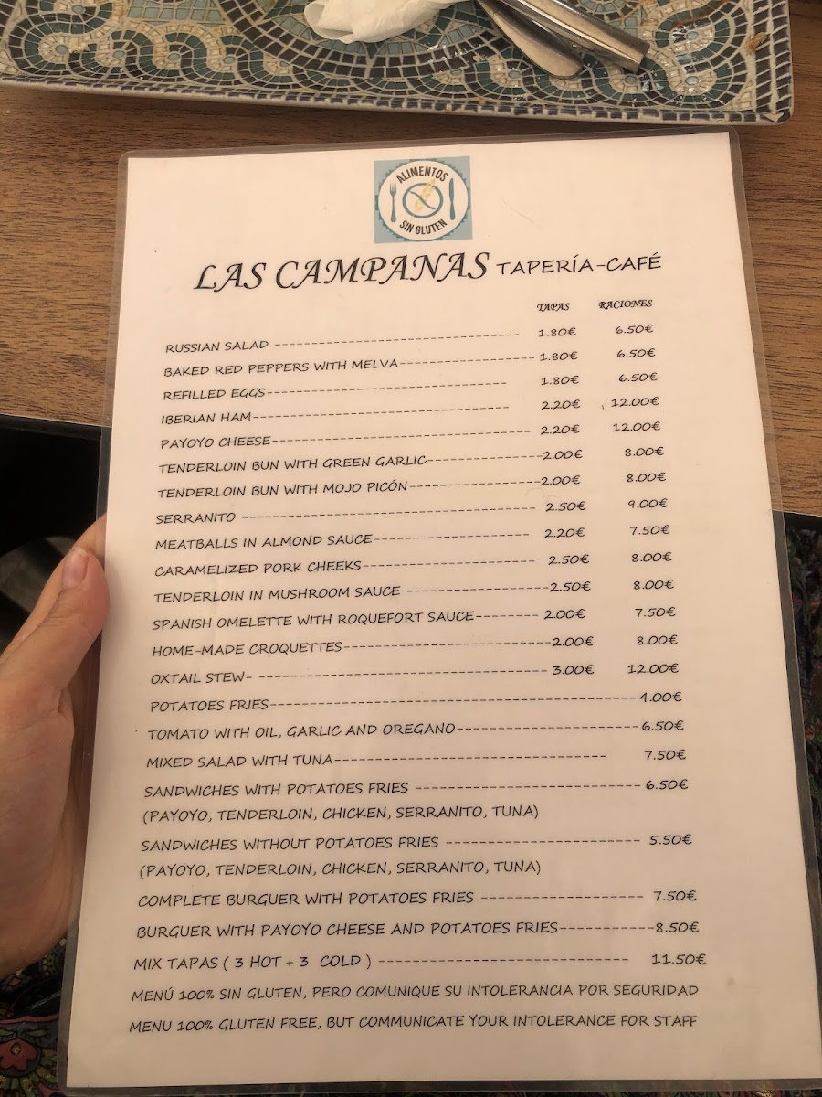 Tapería Las Campanas gluten-free menu