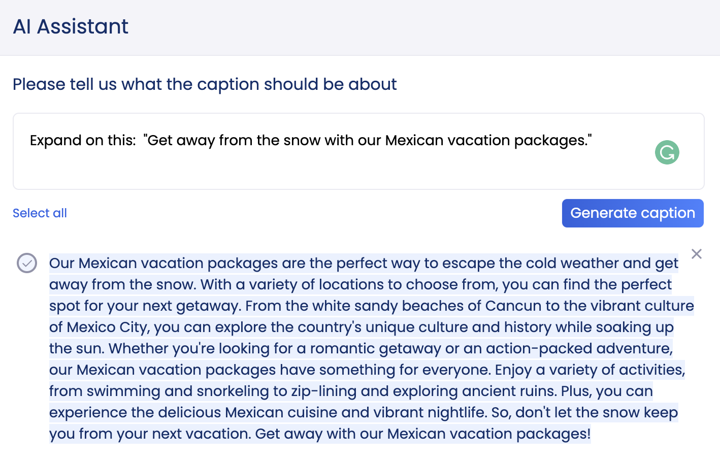 Vista Social AI writing assistant expanding on text about mexican vacation packages