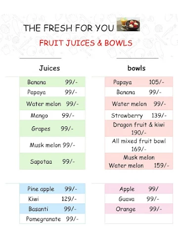 The Fresh For You Fruit Juices & Bowls menu 