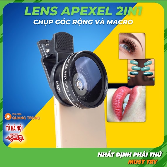 Bộ Ống Kính, Lens Apexel Chụp Ảnh Cho Điện Thoại 2 In 1, Góc Rộng Và Macro, Apl - 0.45Wm