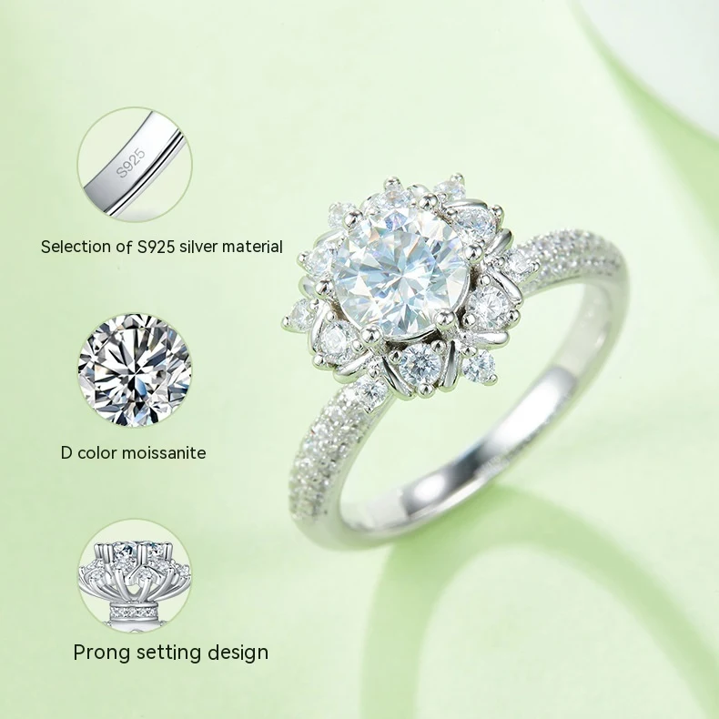 925 Zilver Moissanite Ring 1 Karaat Kunstmatige Diamant Bloem Aanzoek - Perfect Verlovingsgeschenk & Huwelijksaanzoek