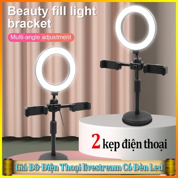 Giá Đỡ Điện Thoại Livestream Có Đèn Led, Đèn Livestream Để Bàn, Tích Hợp Giá Đỡ 2 Điện Thoại Có 3 Chế Độ Sáng