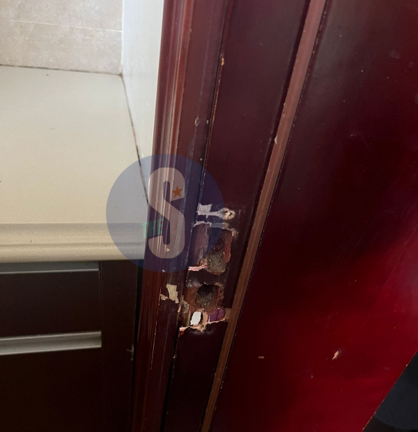 A broken door at former Interior CS Fred Matiang'i's home on February 15, 2023.