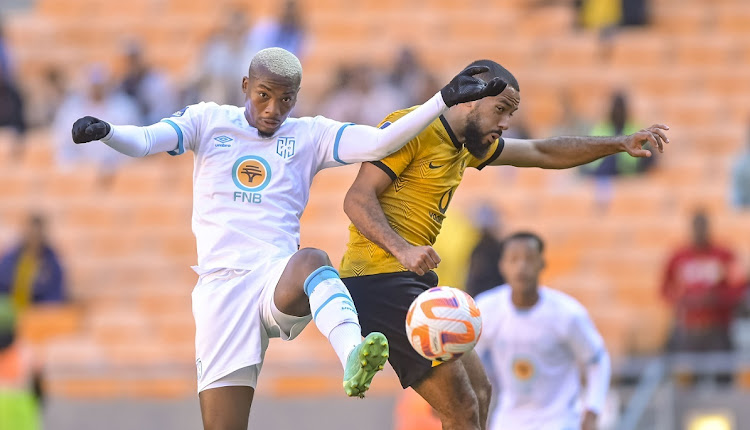 Khanyisa Mayo of Cape Town City and Reeve Frosler of Kaizer Chiefs during the DStv Premiership match at FNB Stadium, May 20 2023. Picture: CHRISTIAAN KOTZE/BACKPAGEPIX