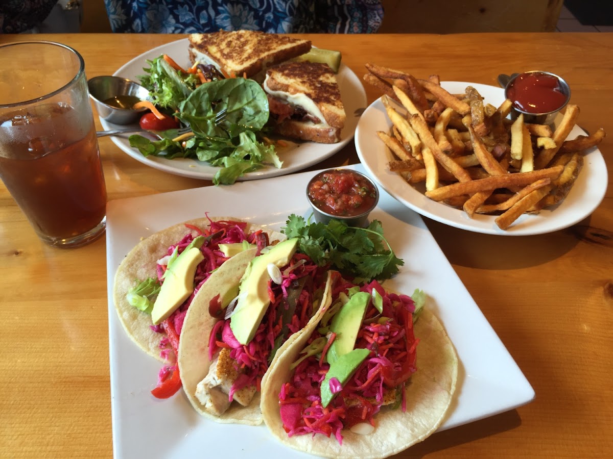 Gf fries, gf fish tacos, gf ham and Gouda