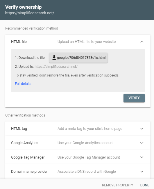 Verify ownership in Google Search Console