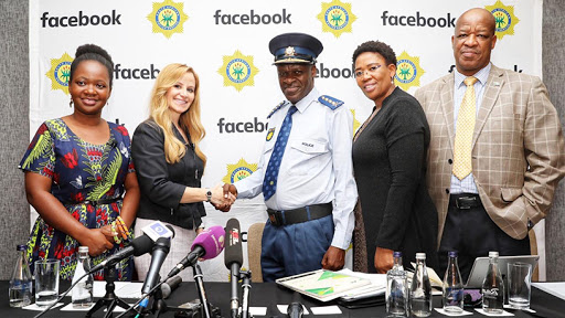 From left : Emilar Gandhi, Facebook head of public policy; Emily Vacher, Facebook director of trust and safety; general Khehla Sitole; lieutenant general Tebello Mosikili; and deputy general Lebeoana Jacob Tsumane.