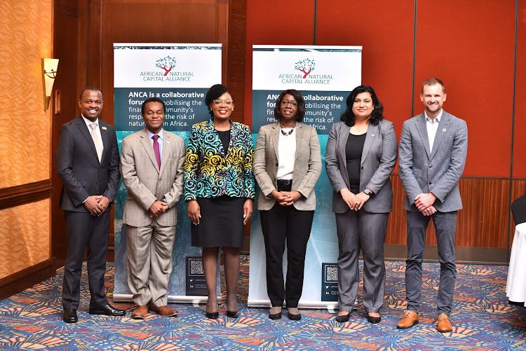 KCB Bank Kenya Director of Finance Abraham Ongenge, Vice President Global Partnerships at AWF Fredrick Kumah, Nature Finance Lead at FSD Africa and Head of ANCA Dorothy Maseke, Senior Associate at Oliver Wyman Sandra Villars, Director, Sustainability at Equity Bank Reshma Shah, and Risk and Resilience director at FSD Africa Kelvin Massingham during the launch of the report