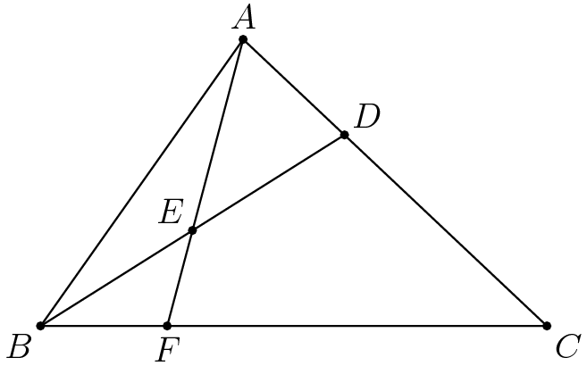 [asy] unitsize(2cm); pair A,B,C,DD,EE,FF; B = (0,0); C = (3,0);  A = (1.2,1.7); DD = (2/3)*A+(1/3)*C; EE = (B+DD)/2; FF = intersectionpoint(B--C,A--A+2*(EE-A)); draw(A--B--C--cycle); draw(A--FF);  draw(B--DD);dot(A);  label("$A$",A,N); dot(B);  label("$B$", B,SW);dot(C);  label("$C$",C,SE); dot(DD);  label("$D$",DD,NE); dot(EE);  label("$E$",EE,NW); dot(FF);  label("$F$",FF,S); [/asy]