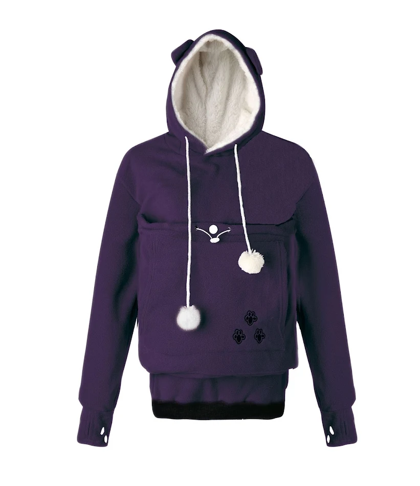 Sudadera con capucha para mujer, bordada con bolsillos grandes y diseño de gato y perro, cálida para otoño e invierno, moda.