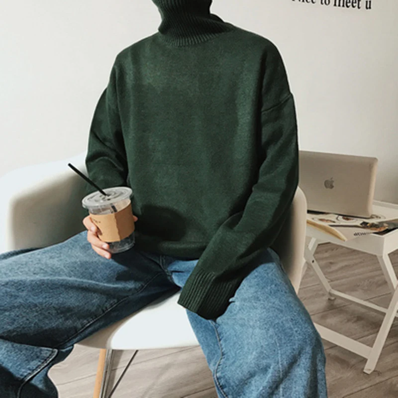 Pure color pullover turtleneck versatile sweater