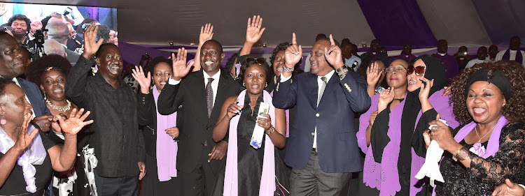 President Uhuru Kenyatta, Deputy President William Ruto, ODM leader Raila Odinga and other leaders during the burial ceremony of late Governor Dr. Joyce Laboso Abonyo in Kisumu County on August 2, 2019.