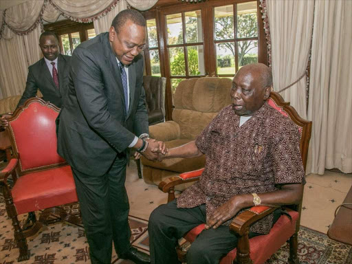 President Uhuru Kenyatta and retired President Daniel Moi at his Kabarak home during a past meeting.